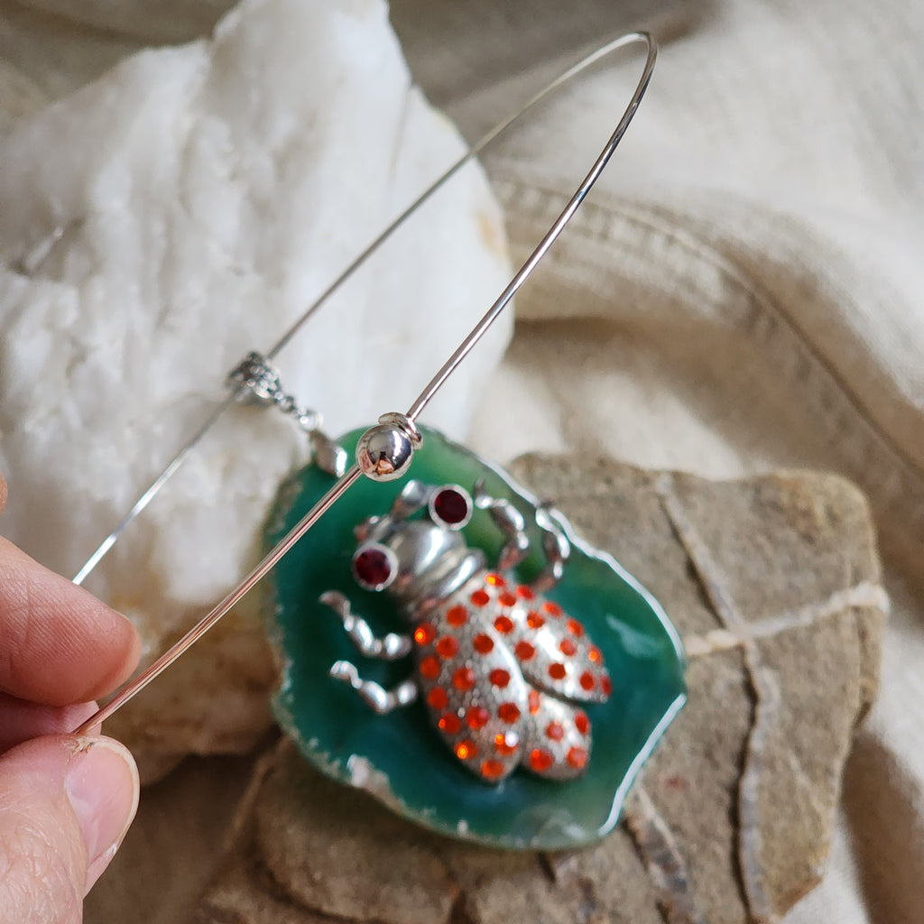 The Whisper Of Summer / Artisan Boho Necklace Designer Jewelry Silver Lady Bug Pendant Natural Green Agate Stone Unique Necklace