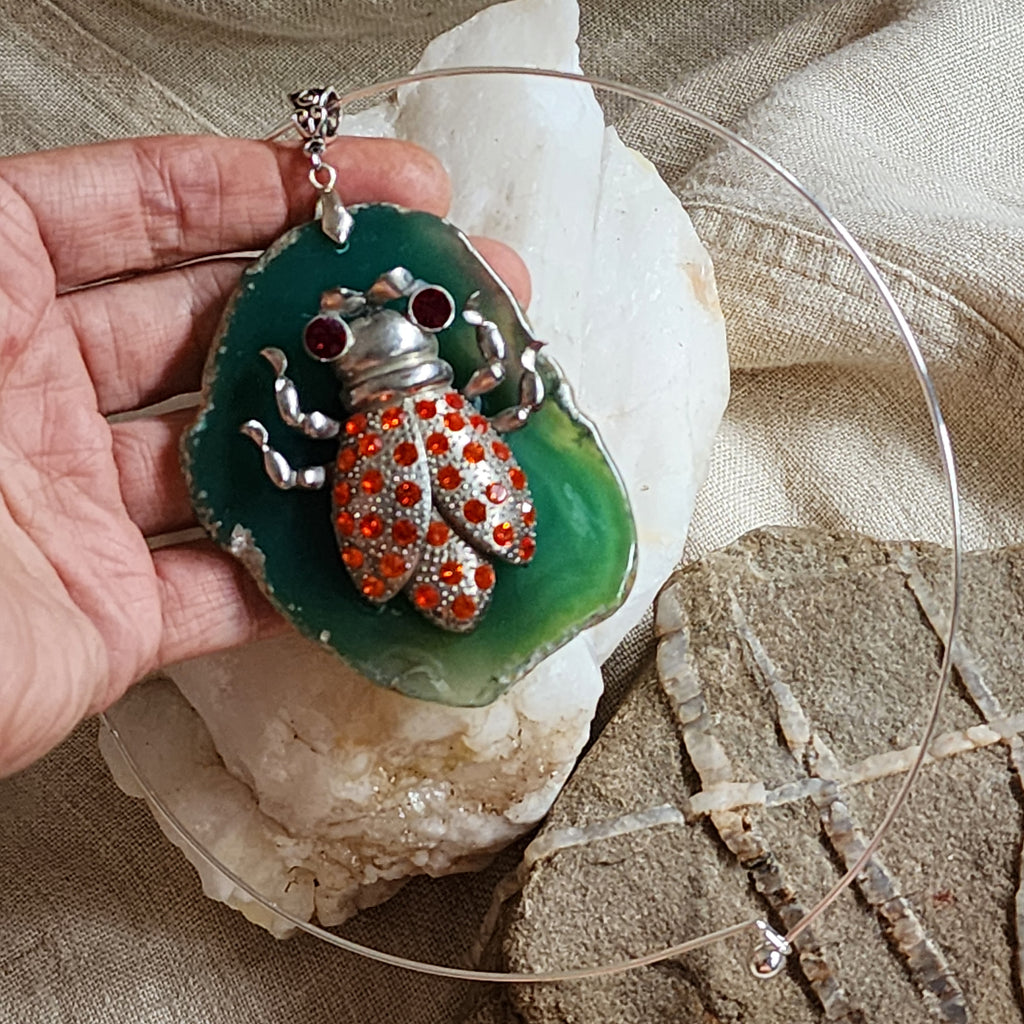 The Whisper Of Summer / Artisan Boho Necklace Designer Jewelry Silver Lady Bug Pendant Natural Green Agate Stone Unique Necklace