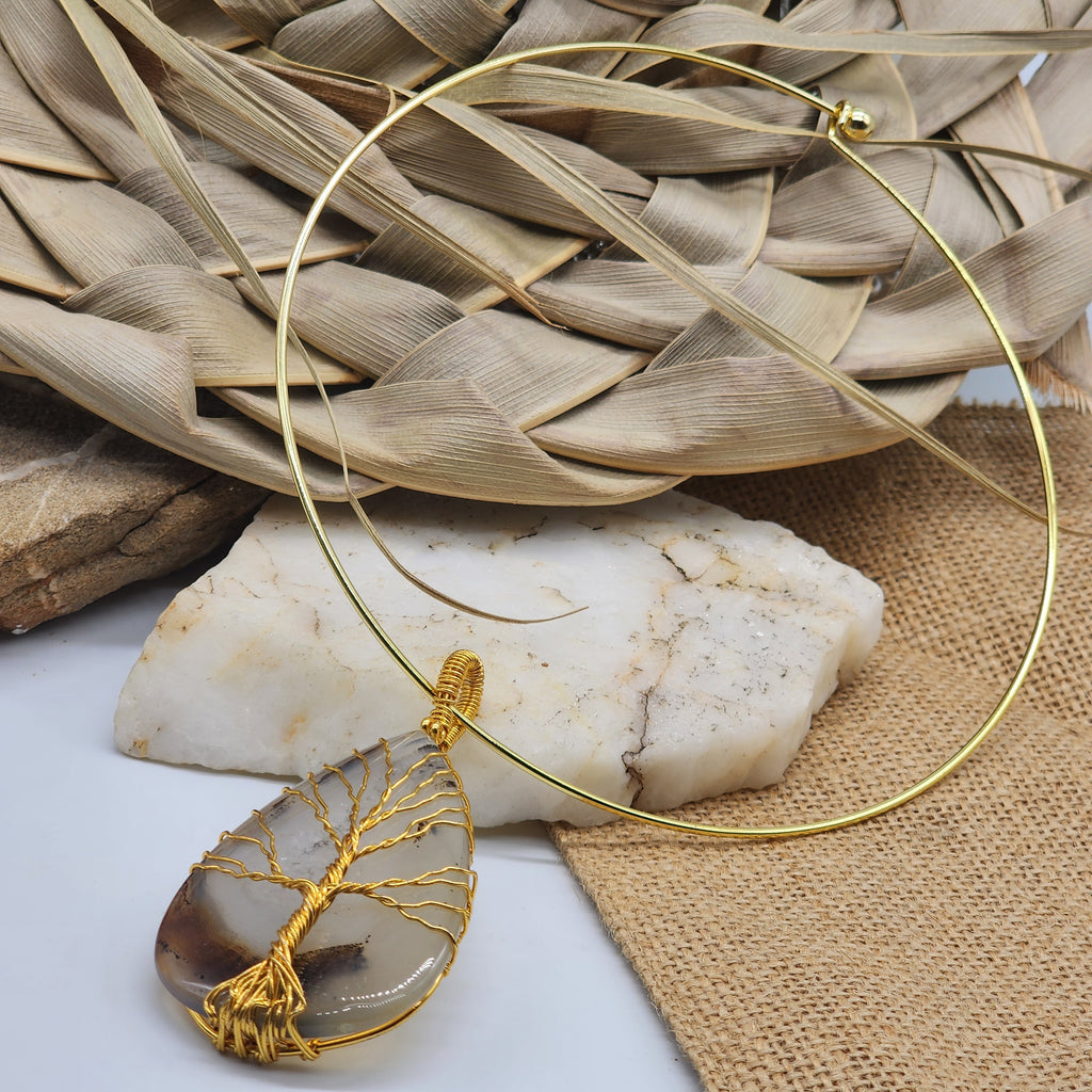 Echo Of Summer / Artisan Boho Necklace Designer Jewelry Gold Tree of Life Silver Wire Wrapped Pendant Natural Agate Necklace