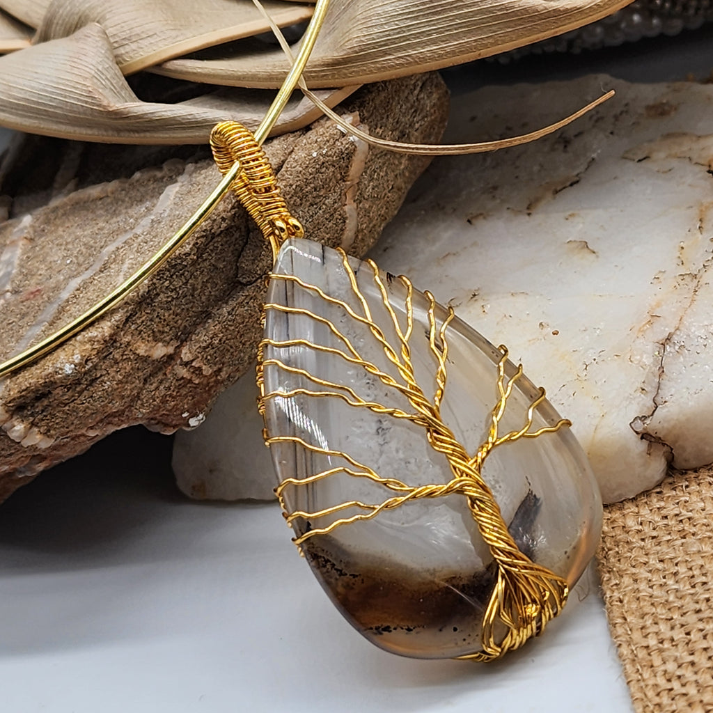 Echo Of Summer / Artisan Boho Necklace Designer Jewelry Gold Tree of Life Silver Wire Wrapped Pendant Natural Agate Necklace