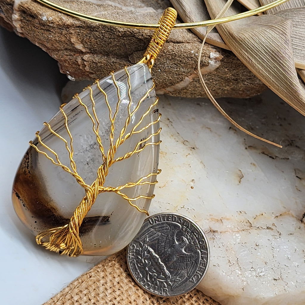 Echo Of Summer / Artisan Boho Necklace Designer Jewelry Gold Tree of Life Silver Wire Wrapped Pendant Natural Agate Necklace