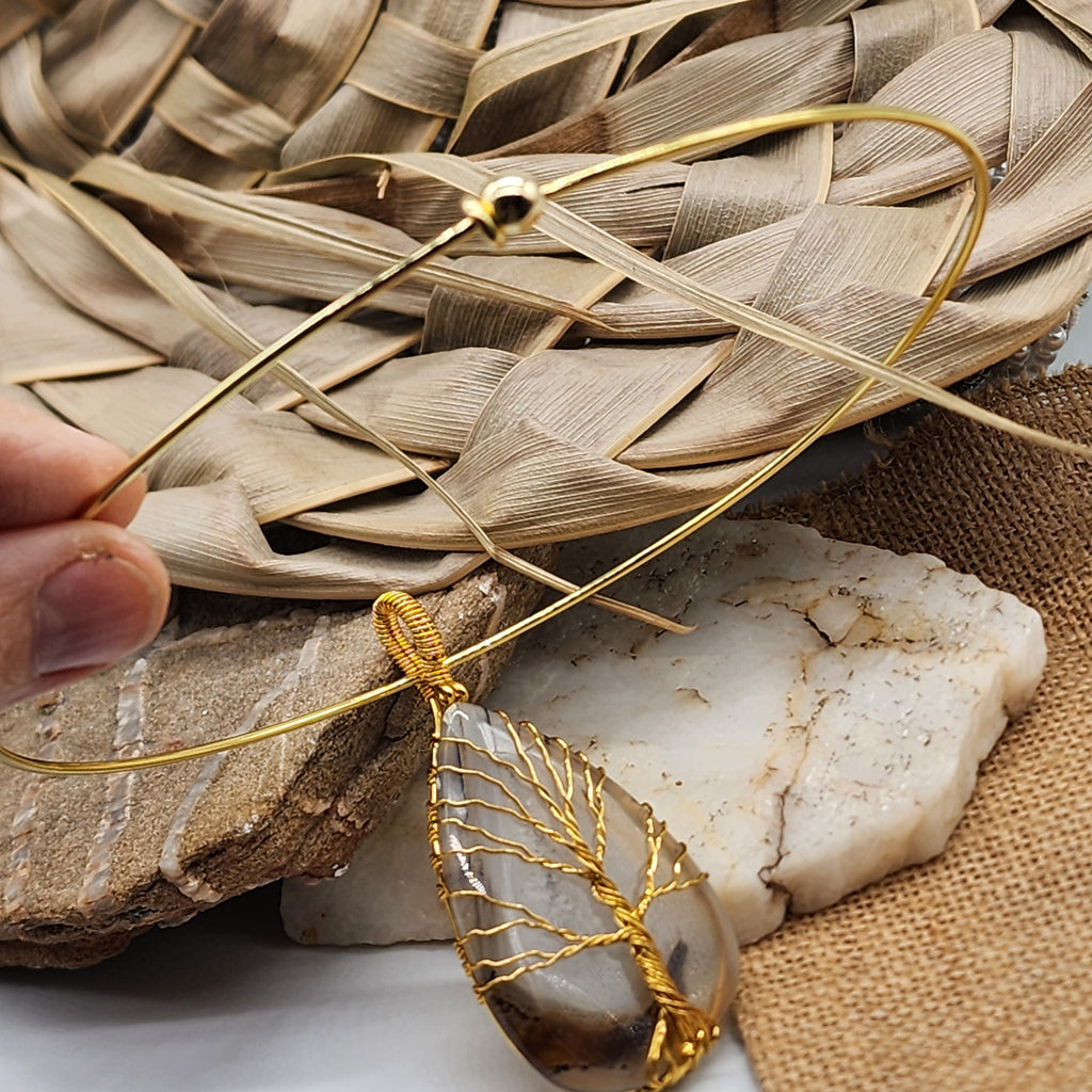 Echo Of Summer / Artisan Boho Necklace Designer Jewelry Gold Tree of Life Silver Wire Wrapped Pendant Natural Agate Necklace