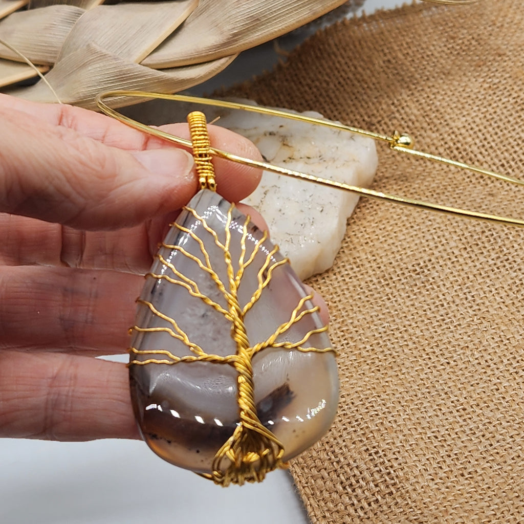 Echo Of Summer / Artisan Boho Necklace Designer Jewelry Gold Tree of Life Silver Wire Wrapped Pendant Natural Agate Necklace