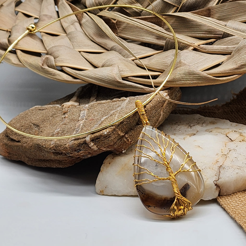 Echo Of Summer / Artisan Boho Necklace Designer Jewelry Gold Tree of Life Silver Wire Wrapped Pendant Natural Agate Necklace