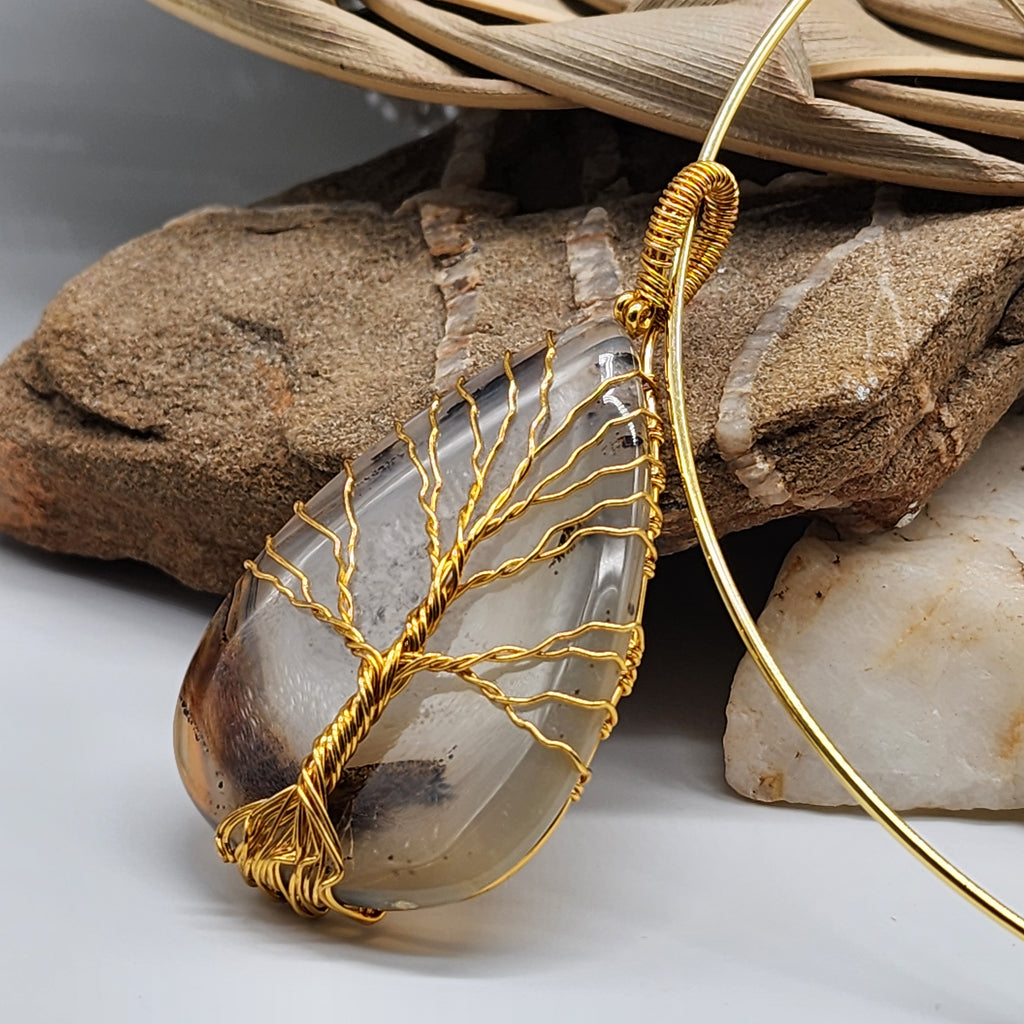 Echo Of Summer / Artisan Boho Necklace Designer Jewelry Gold Tree of Life Silver Wire Wrapped Pendant Natural Agate Necklace