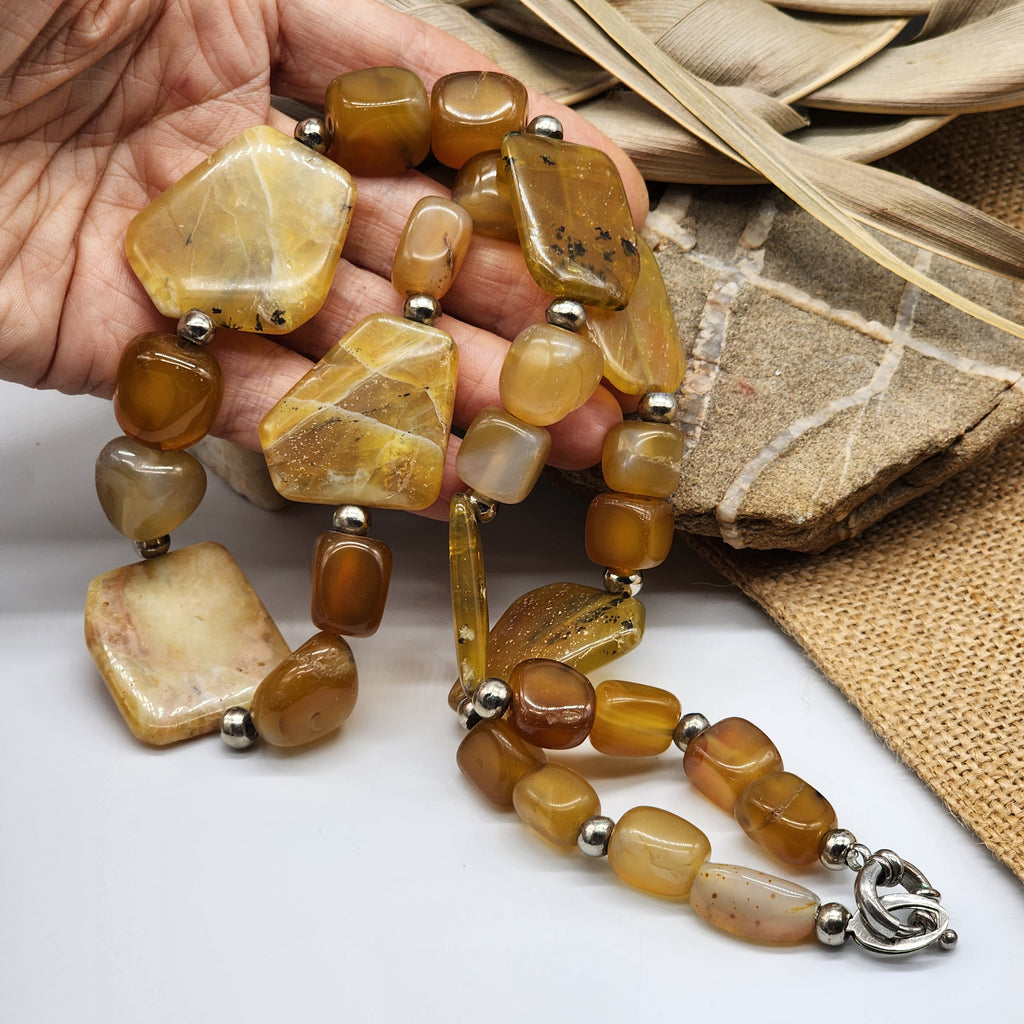 Mimosa / Boho Jewelry Artisan Simple Necklace Vintage Silver Natural Agate Stone Boho Necklace Gift For Women