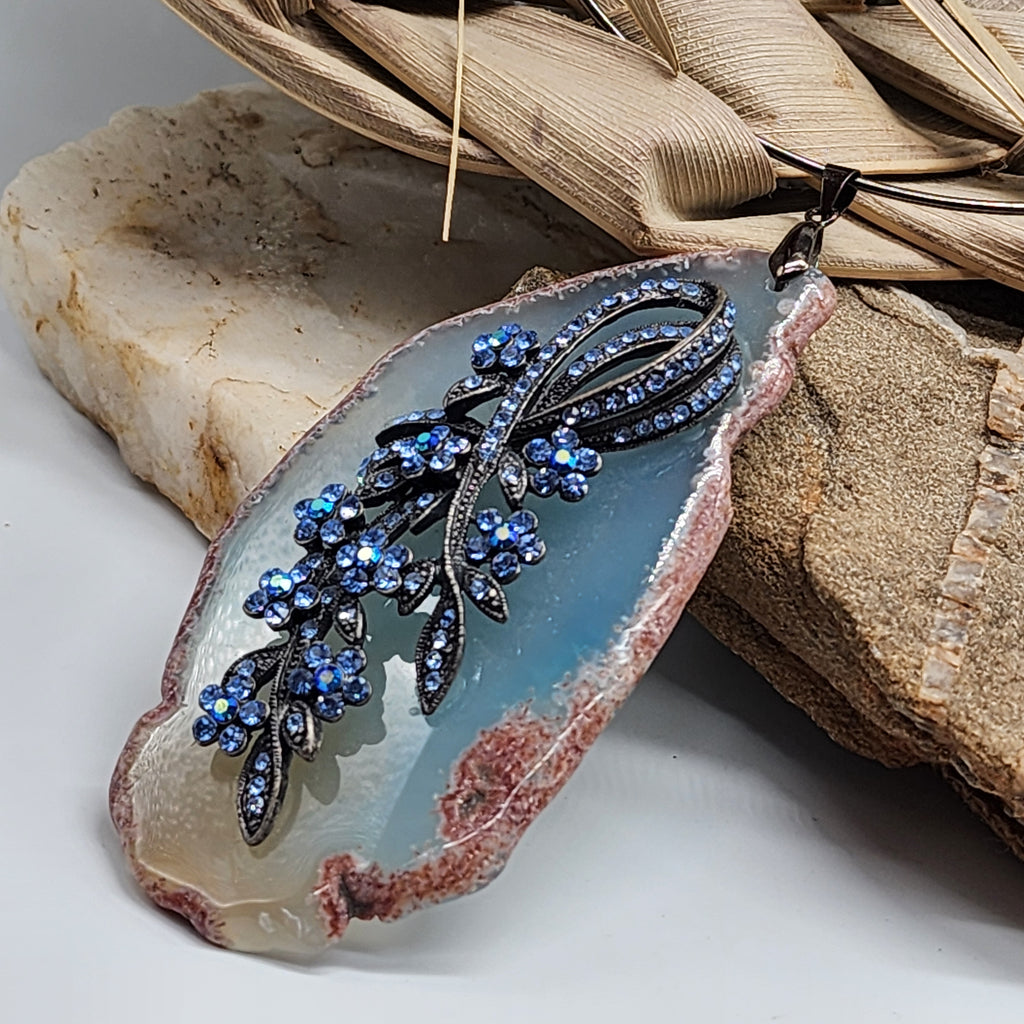 Elegia / Artisan Boho Necklace Designer Jewelry Floral Pendant Natural Blue Agate Stone Unique Necklace Gift For Women