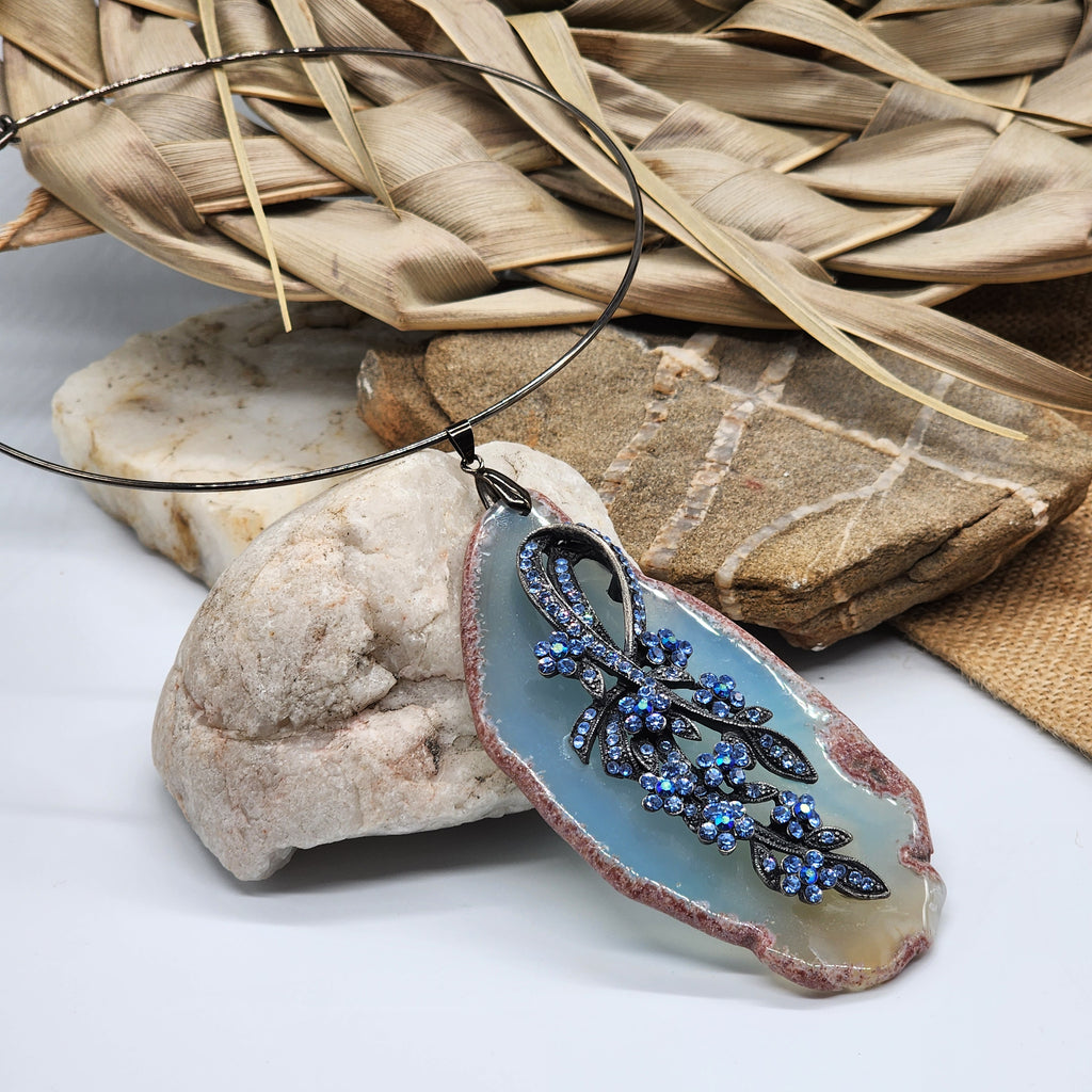 Elegia / Artisan Boho Necklace Designer Jewelry Floral Pendant Natural Blue Agate Stone Unique Necklace Gift For Women