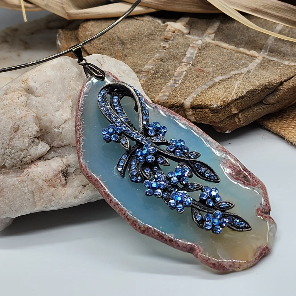 Elegia / Artisan Boho Necklace Designer Jewelry Floral Pendant Natural Blue Agate Stone Unique Necklace Gift For Women