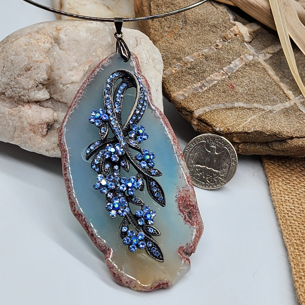 Elegia / Artisan Boho Necklace Designer Jewelry Floral Pendant Natural Blue Agate Stone Unique Necklace Gift For Women