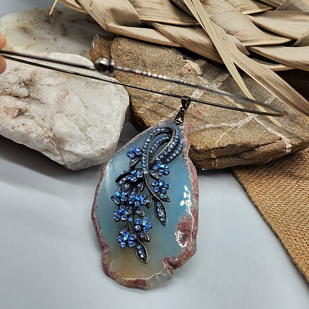 Elegia / Artisan Boho Necklace Designer Jewelry Floral Pendant Natural Blue Agate Stone Unique Necklace Gift For Women