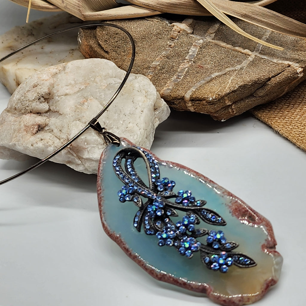 Elegia / Artisan Boho Necklace Designer Jewelry Floral Pendant Natural Blue Agate Stone Unique Necklace Gift For Women