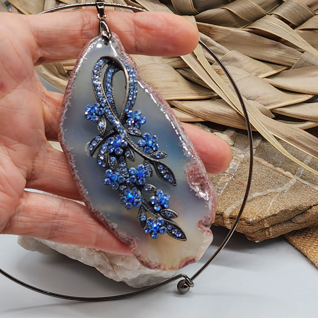 Elegia / Artisan Boho Necklace Designer Jewelry Floral Pendant Natural Blue Agate Stone Unique Necklace Gift For Women