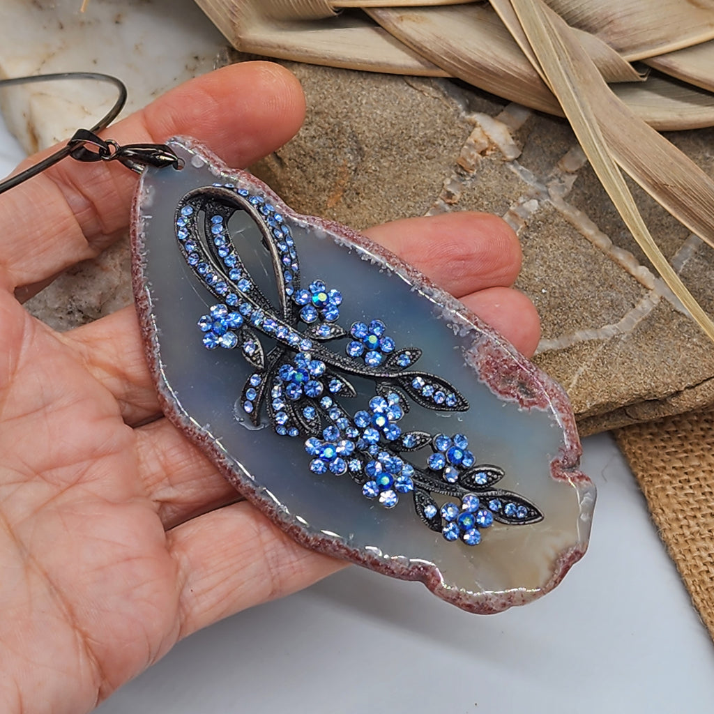 Elegia / Artisan Boho Necklace Designer Jewelry Floral Pendant Natural Blue Agate Stone Unique Necklace Gift For Women