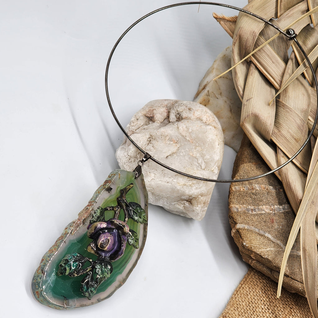 VINTAGE ROSE / Artisan Boho Necklace Designer Jewelry Silver Flower Pendant Natural Green Agate Stone Unique Necklace Gift For Lady