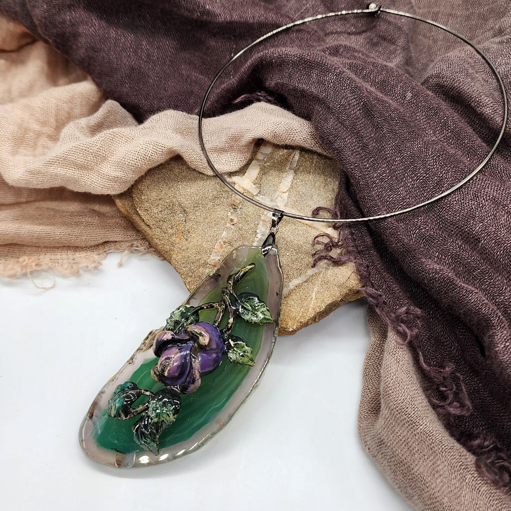VINTAGE ROSE / Artisan Boho Necklace Designer Jewelry Silver Flower Pendant Natural Green Agate Stone Unique Necklace Gift For Lady