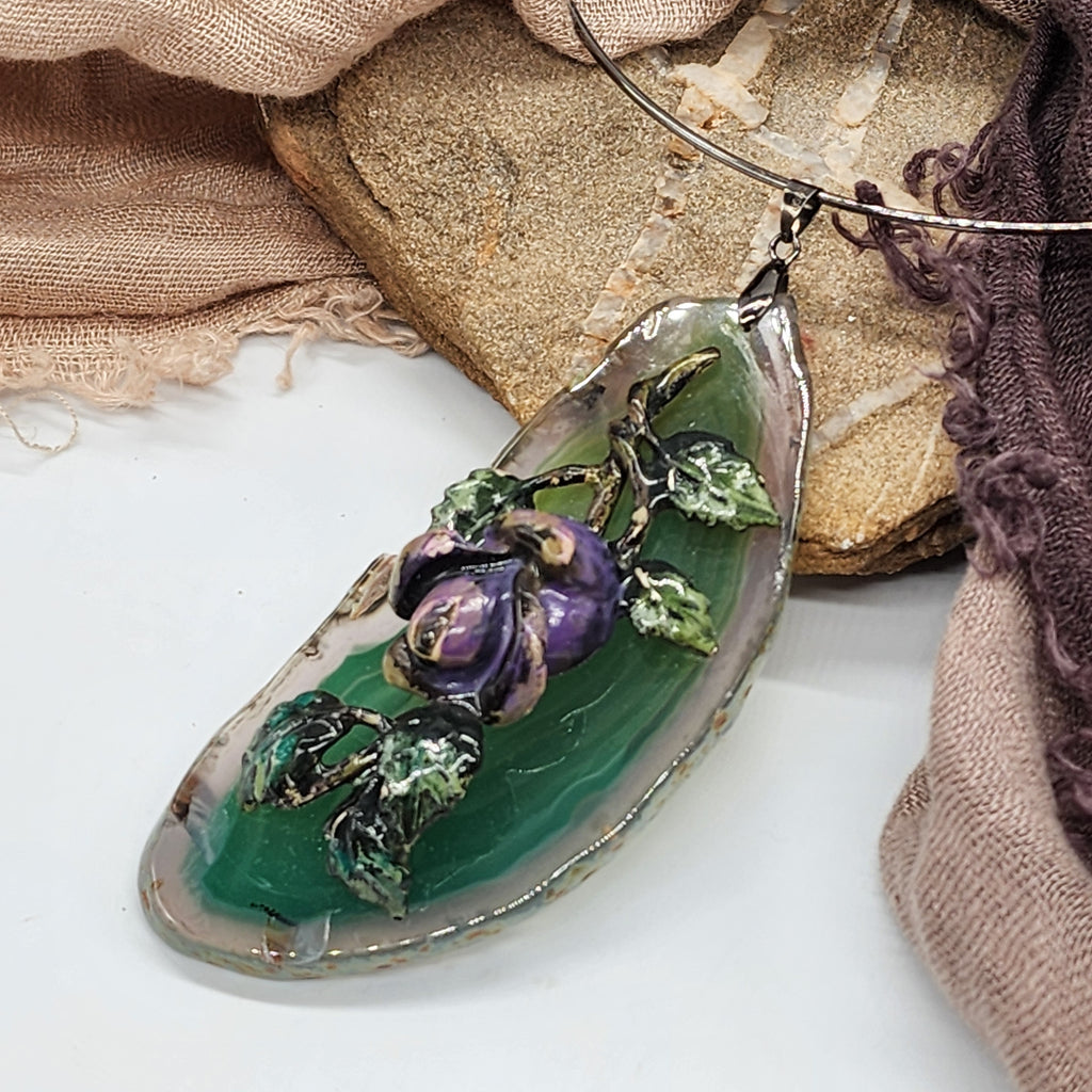 VINTAGE ROSE / Artisan Boho Necklace Designer Jewelry Silver Flower Pendant Natural Green Agate Stone Unique Necklace Gift For Lady