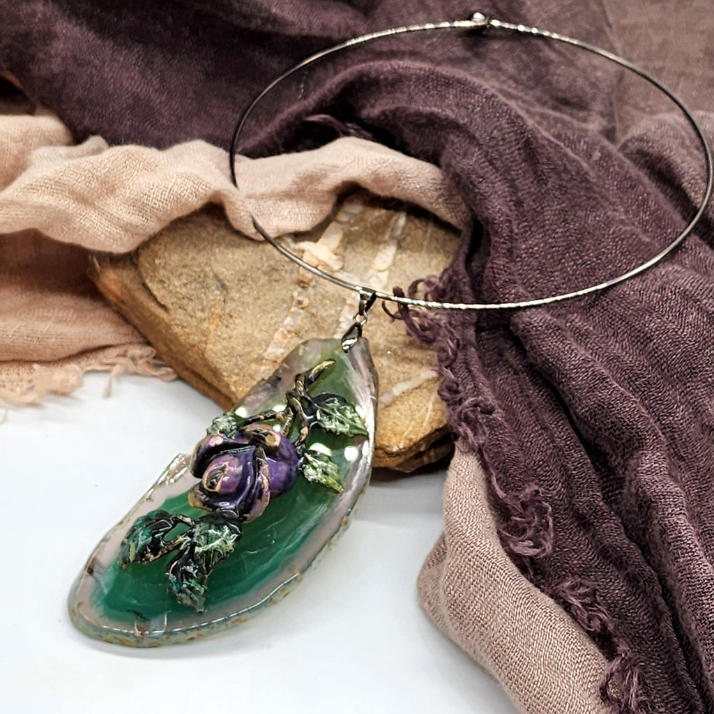 VINTAGE ROSE / Artisan Boho Necklace Designer Jewelry Silver Flower Pendant Natural Green Agate Stone Unique Necklace Gift For Lady
