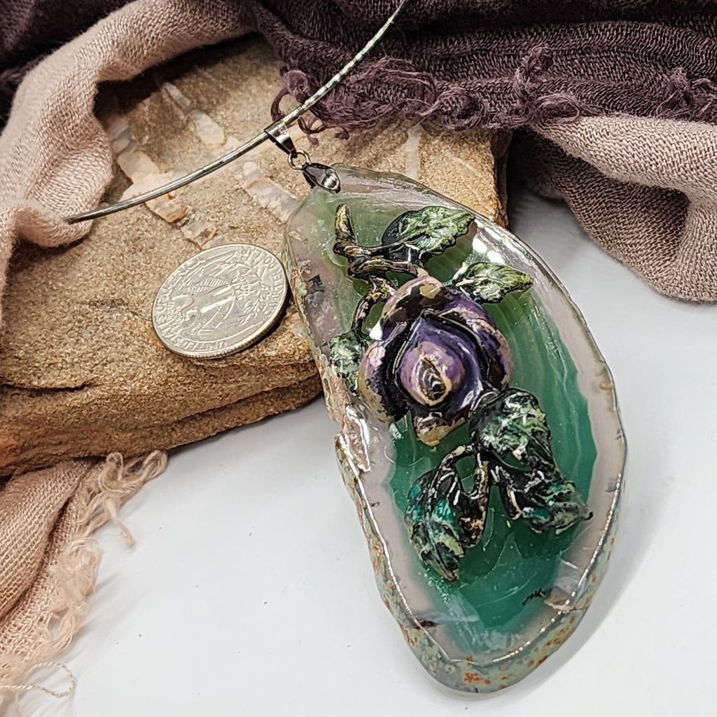 VINTAGE ROSE / Artisan Boho Necklace Designer Jewelry Silver Flower Pendant Natural Green Agate Stone Unique Necklace Gift For Lady
