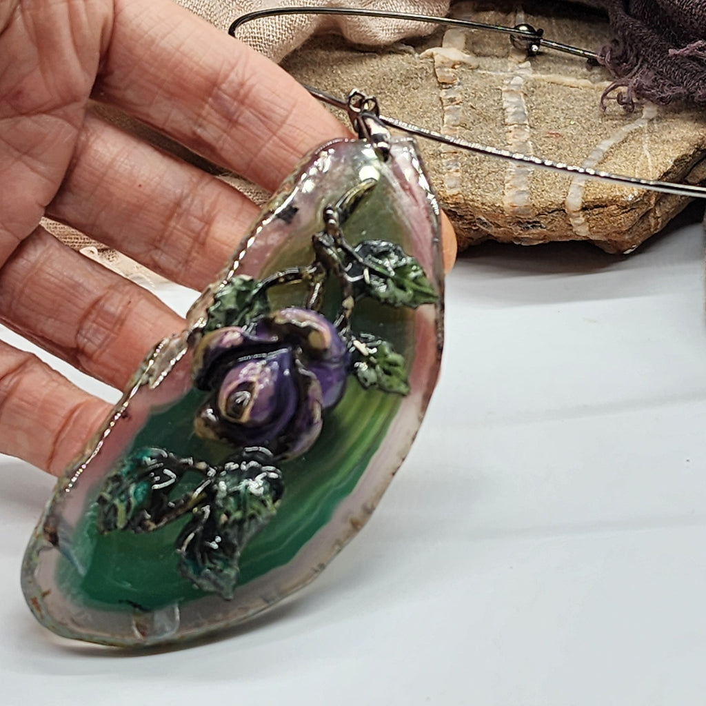 VINTAGE ROSE / Artisan Boho Necklace Designer Jewelry Silver Flower Pendant Natural Green Agate Stone Unique Necklace Gift For Lady