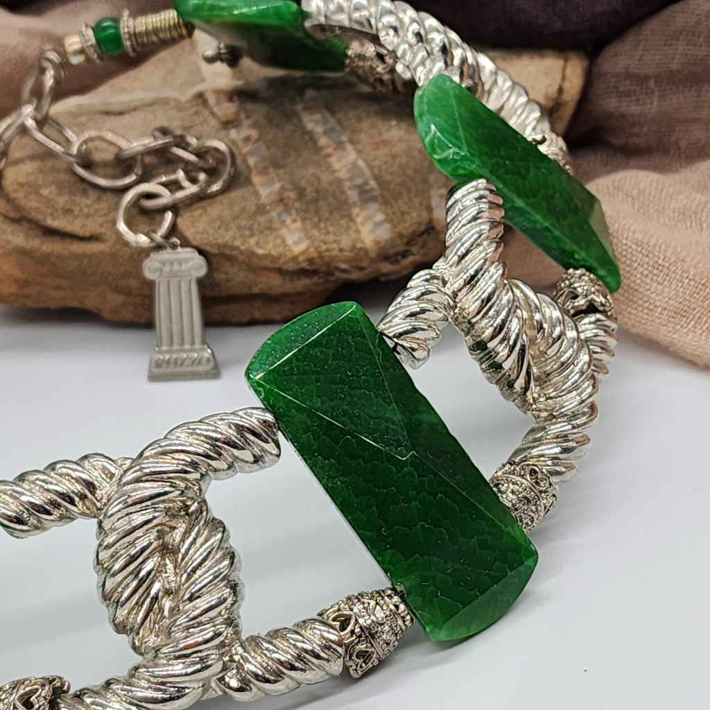 Carleon / Designer Jewelry Artisan Statement Necklace Vintage Silver Natural Green Agate Stone Sexy Chocker Necklace Gift For Women