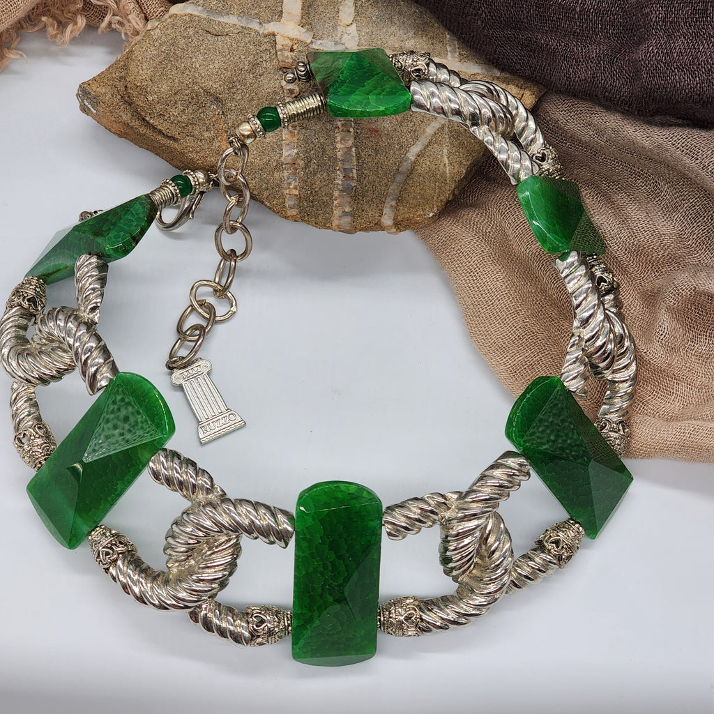 Carleon / Designer Jewelry Artisan Statement Necklace Vintage Silver Natural Green Agate Stone Sexy Chocker Necklace Gift For Women