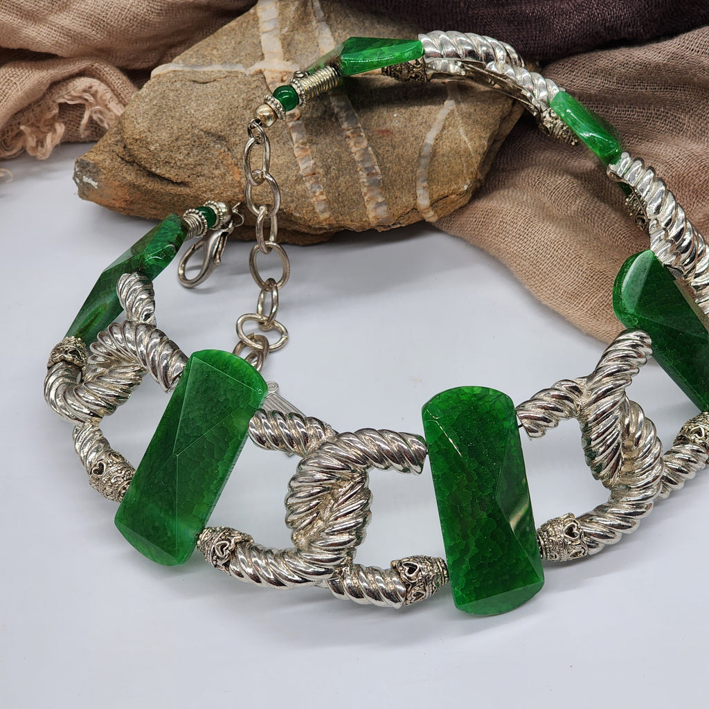Carleon / Designer Jewelry Artisan Statement Necklace Vintage Silver Natural Green Agate Stone Sexy Chocker Necklace Gift For Women