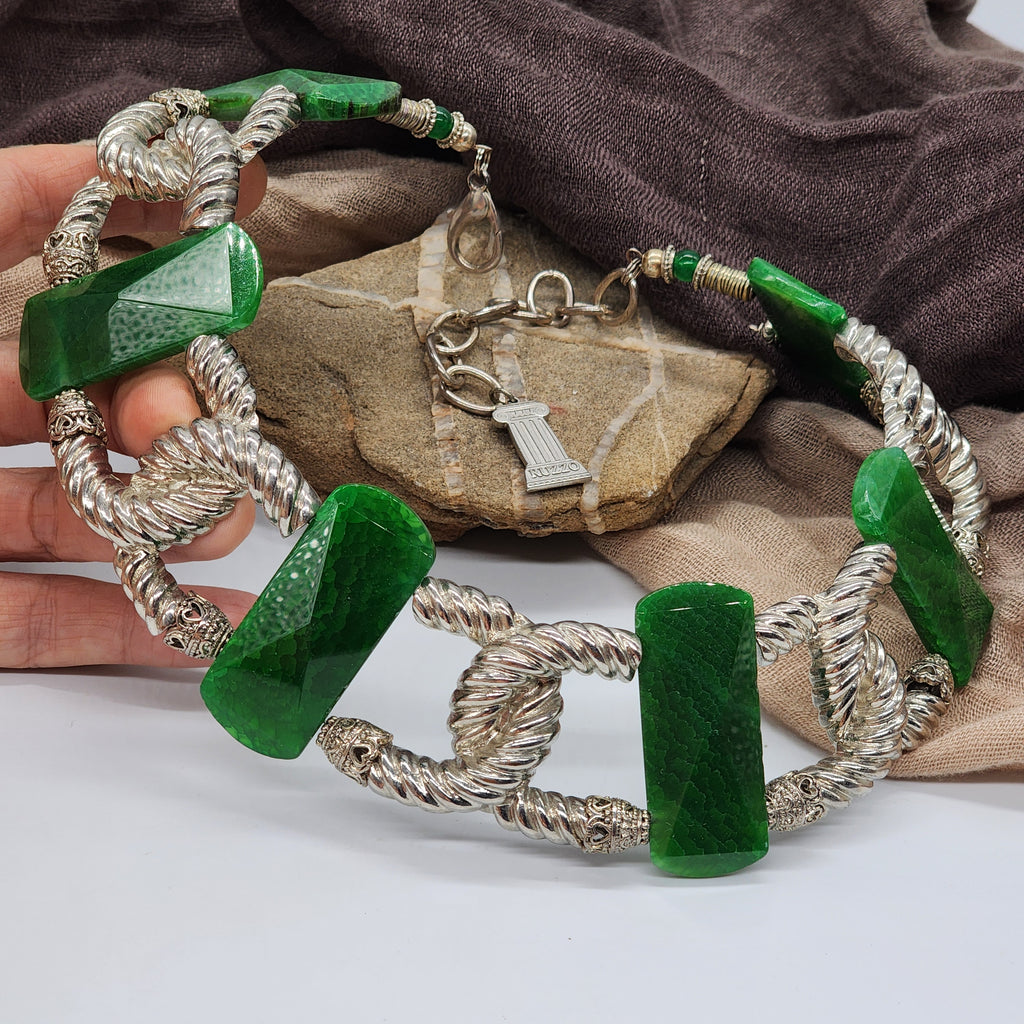 Carleon / Designer Jewelry Artisan Statement Necklace Vintage Silver Natural Green Agate Stone Sexy Chocker Necklace Gift For Women