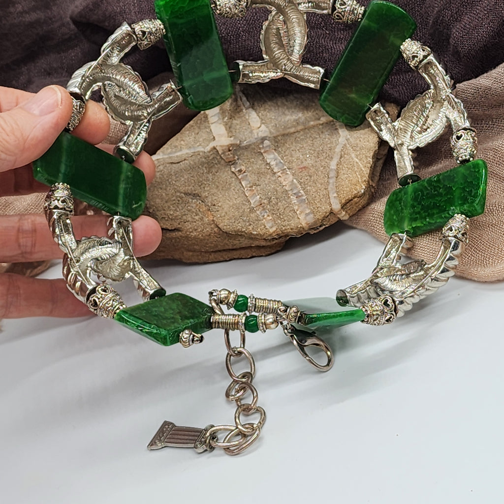 Carleon / Designer Jewelry Artisan Statement Necklace Vintage Silver Natural Green Agate Stone Sexy Chocker Necklace Gift For Women