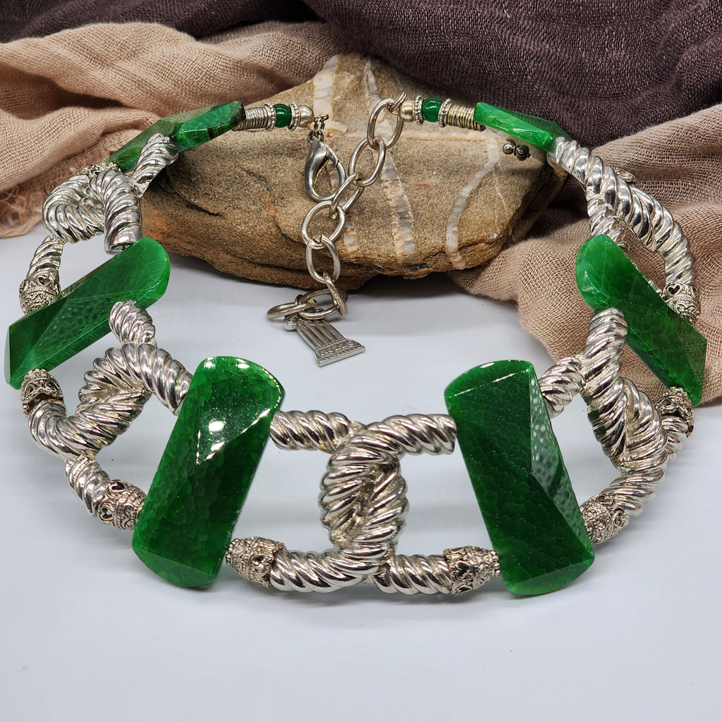 Carleon / Designer Jewelry Artisan Statement Necklace Vintage Silver Natural Green Agate Stone Sexy Chocker Necklace Gift For Women
