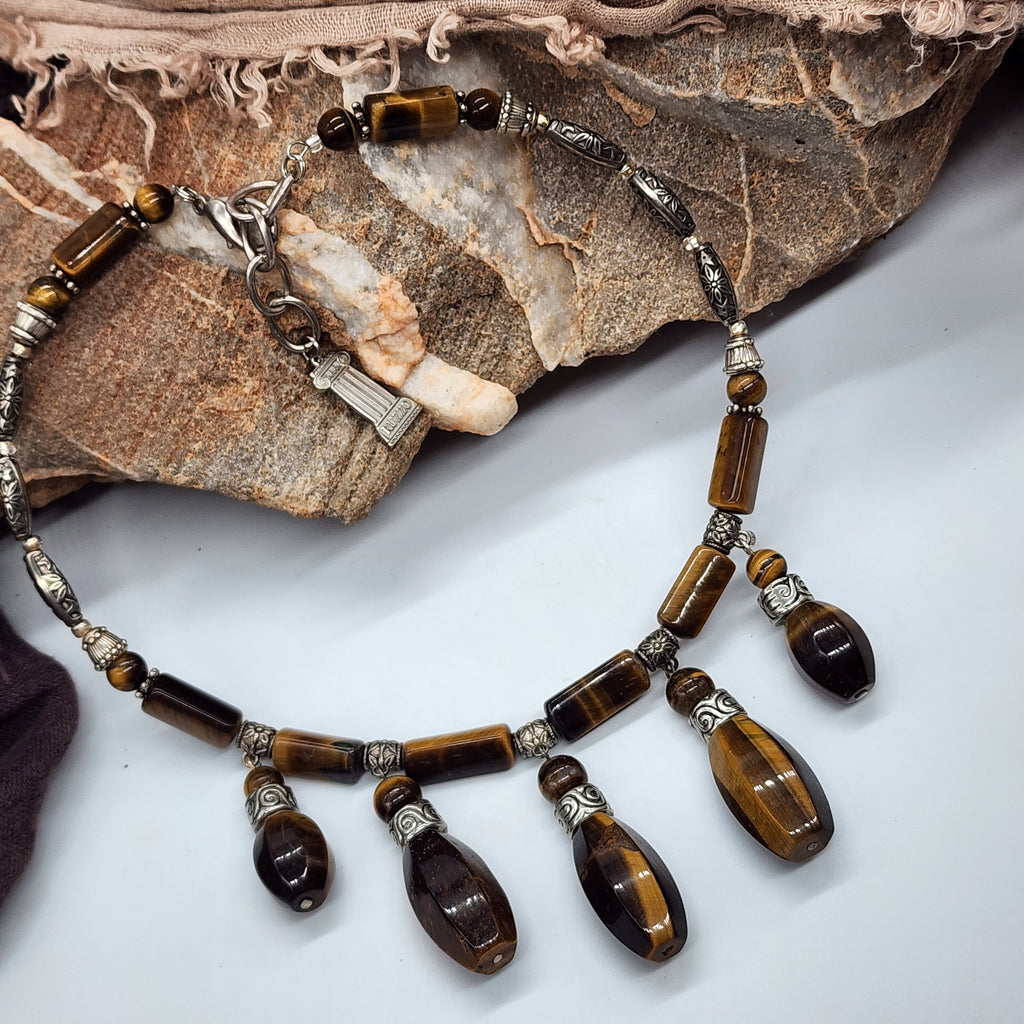 Prosperity / Designer Celestial Jewelry Silver Tiger Eye Necklace Large chunky massive Necklace Beaded Necklace