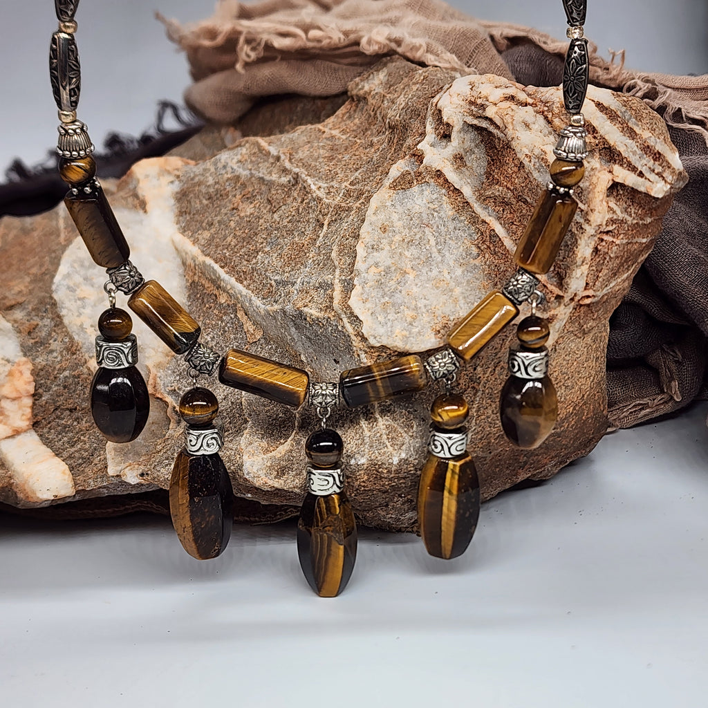 Prosperity / Designer Celestial Jewelry Silver Tiger Eye Necklace Large chunky massive Necklace Beaded Necklace