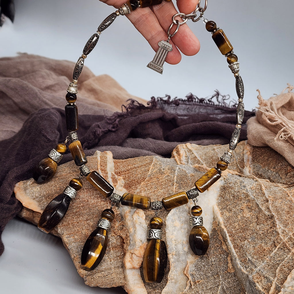Prosperity / Designer Celestial Jewelry Silver Tiger Eye Necklace Large chunky massive Necklace Beaded Necklace