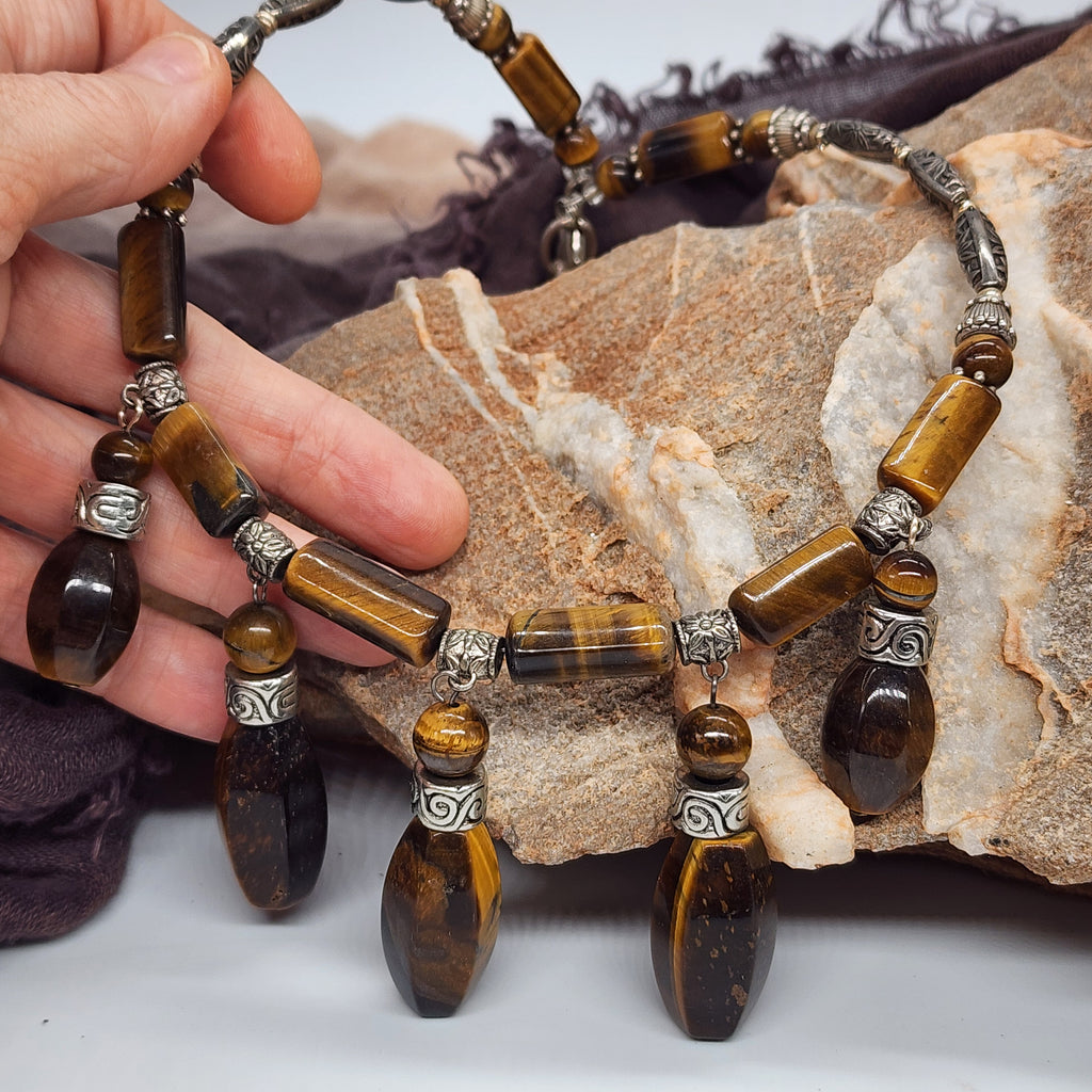 Prosperity / Designer Celestial Jewelry Silver Tiger Eye Necklace Large chunky massive Necklace Beaded Necklace