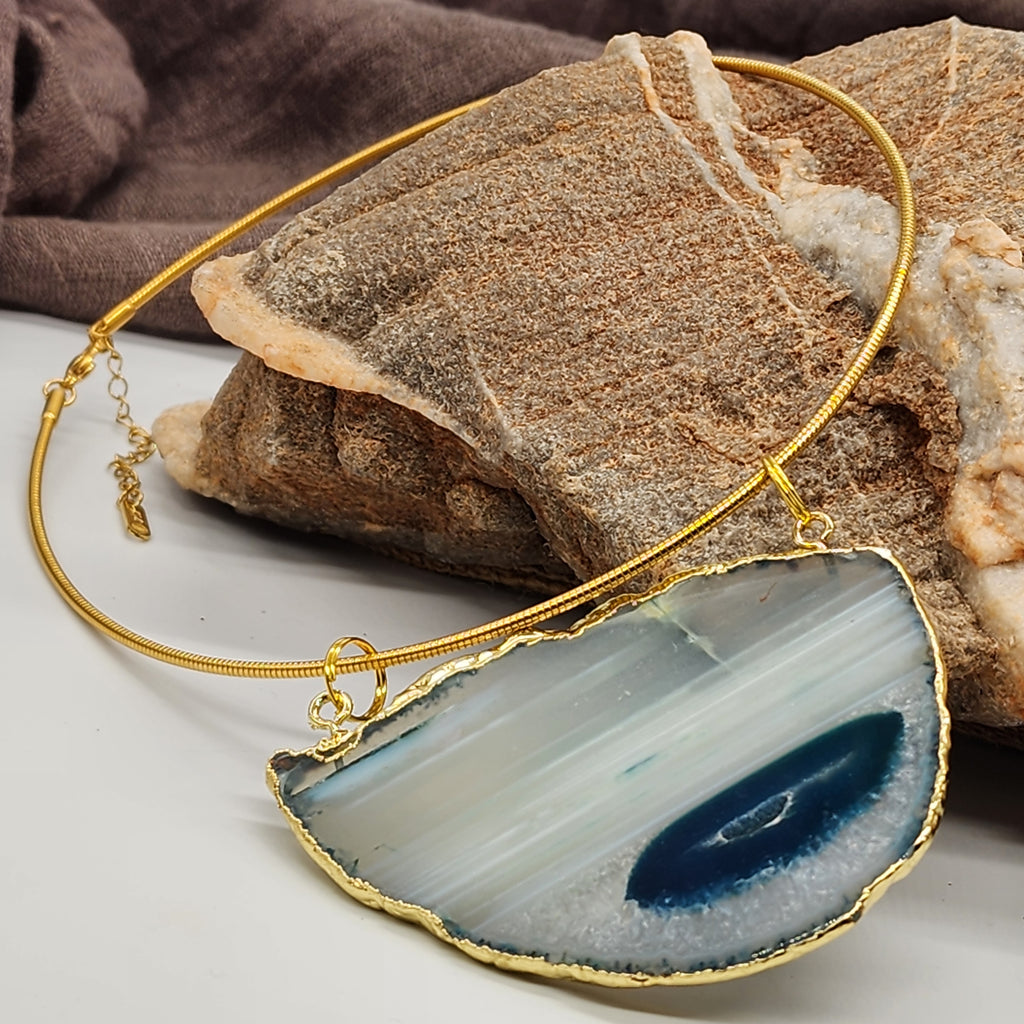 Grey Mist / Artisan Boho Necklace Designer Jewelry Vintage Gold Pendant Natural Agate Stone Simple Necklace Gift For Women