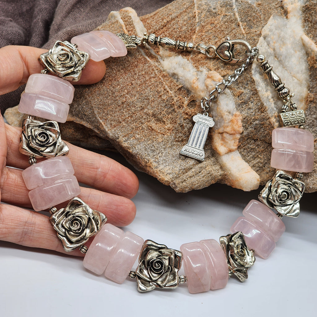 Promises / Designer Jewelry Rose Quartz Silver Logo Genuine Rose Quartz Statement Necklace Boho Artisan Jewelry Gift Necklace