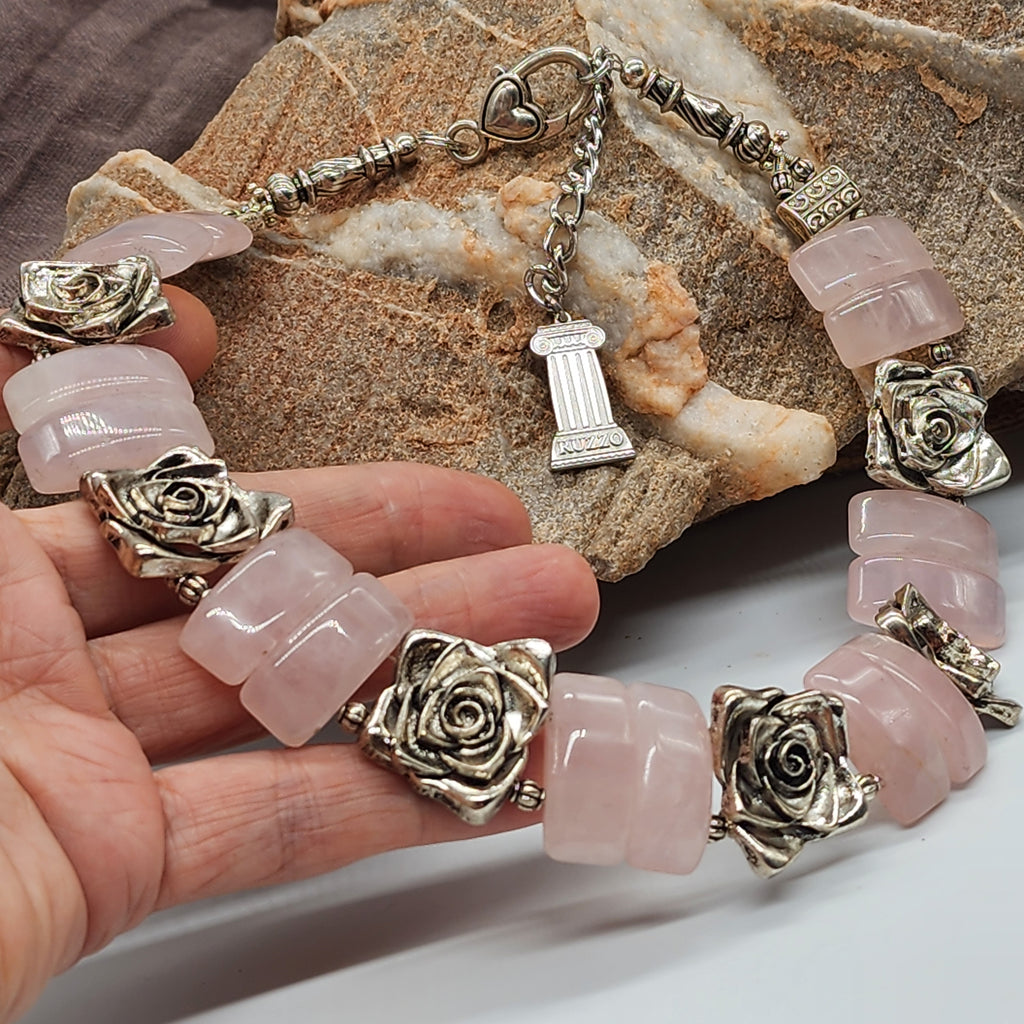 Promises / Designer Jewelry Rose Quartz Silver Logo Genuine Rose Quartz Statement Necklace Boho Artisan Jewelry Gift Necklace
