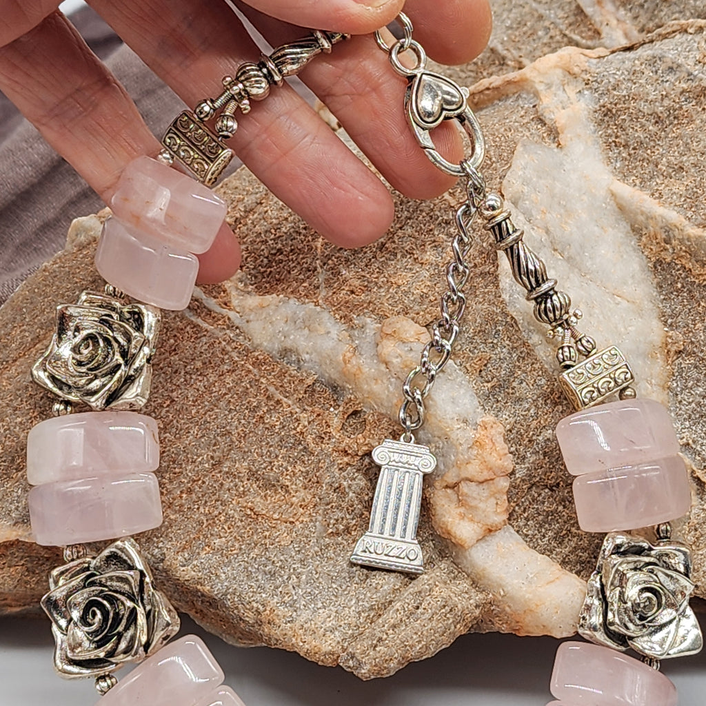Promises / Designer Jewelry Rose Quartz Silver Logo Genuine Rose Quartz Statement Necklace Boho Artisan Jewelry Gift Necklace