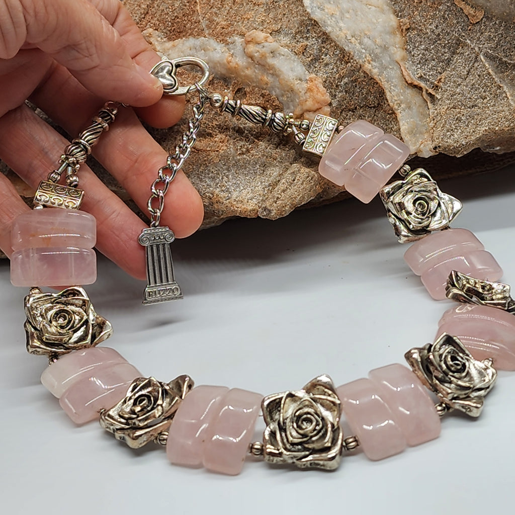 Promises / Designer Jewelry Rose Quartz Silver Logo Genuine Rose Quartz Statement Necklace Boho Artisan Jewelry Gift Necklace