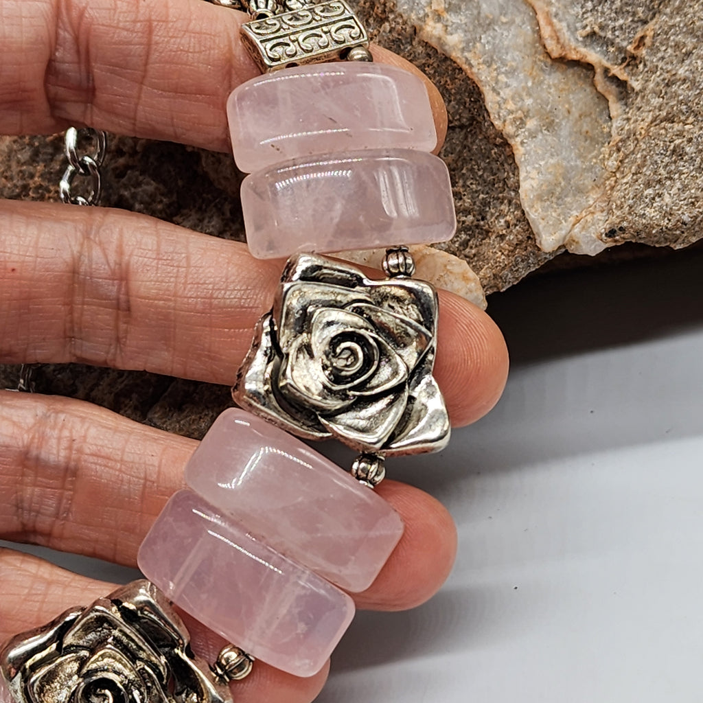 Promises / Designer Jewelry Rose Quartz Silver Logo Genuine Rose Quartz Statement Necklace Boho Artisan Jewelry Gift Necklace