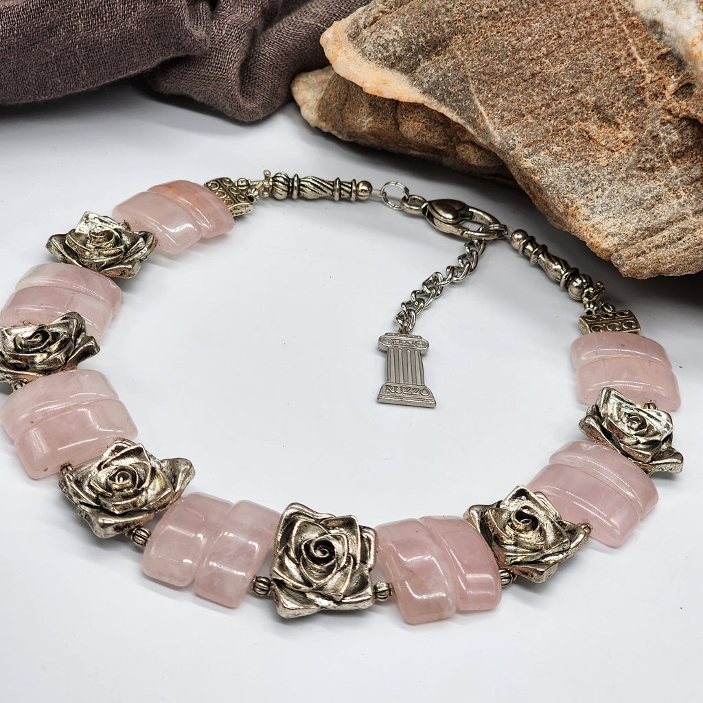 Promises / Designer Jewelry Rose Quartz Silver Logo Genuine Rose Quartz Statement Necklace Boho Artisan Jewelry Gift Necklace