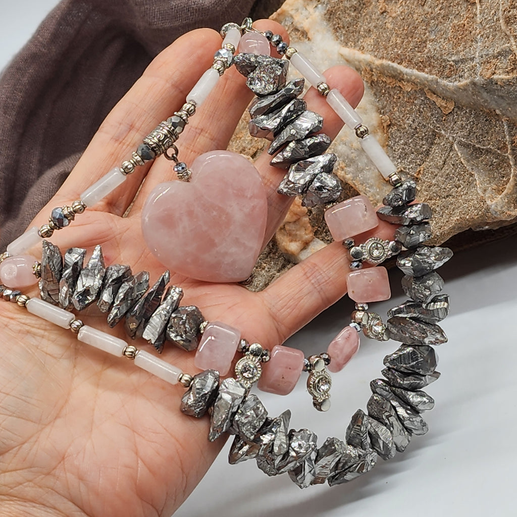 Legend Of LA CORAZÓN / Designer Jewelry Silver Pendant Genuine Rose Quartz Big Heart Necklace Boho Artisan Jewelry Gift Necklace