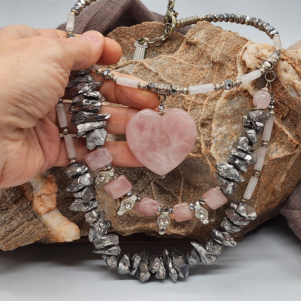 Legend Of LA CORAZÓN / Designer Jewelry Silver Pendant Genuine Rose Quartz Big Heart Necklace Boho Artisan Jewelry Gift Necklace