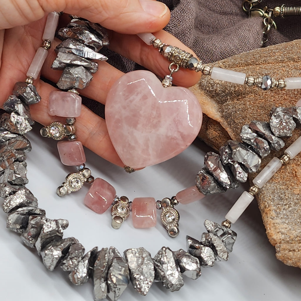 Legend Of LA CORAZÓN / Designer Jewelry Silver Pendant Genuine Rose Quartz Big Heart Necklace Boho Artisan Jewelry Gift Necklace