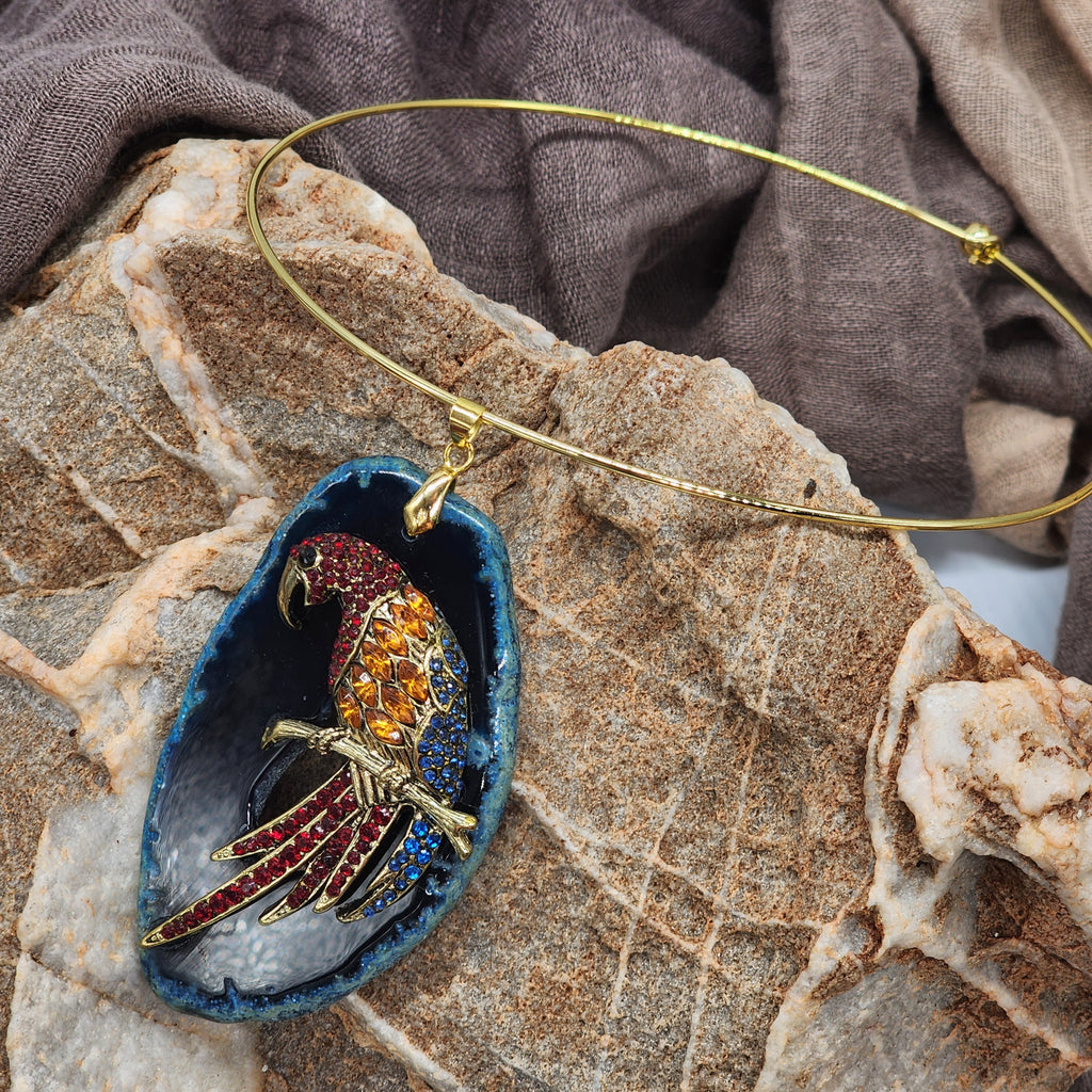 INDIGO / Artisan Boho Necklace Designer Gold Jewelry Bird Pendant Natural Blue Agate Stone Unique Necklace Gift For Women