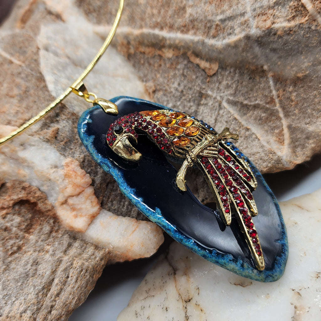 INDIGO / Artisan Boho Necklace Designer Gold Jewelry Bird Pendant Natural Blue Agate Stone Unique Necklace Gift For Women