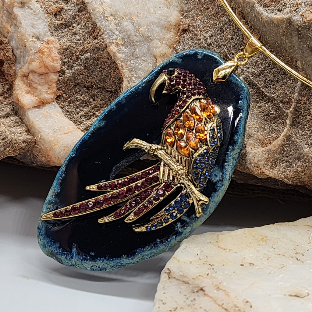 INDIGO / Artisan Boho Necklace Designer Gold Jewelry Bird Pendant Natural Blue Agate Stone Unique Necklace Gift For Women
