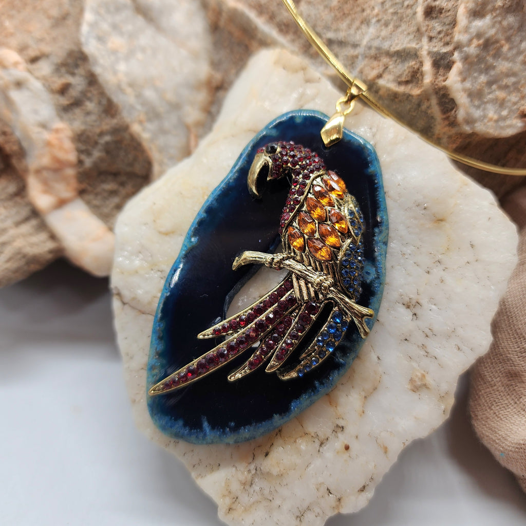 INDIGO / Artisan Boho Necklace Designer Gold Jewelry Bird Pendant Natural Blue Agate Stone Unique Necklace Gift For Women
