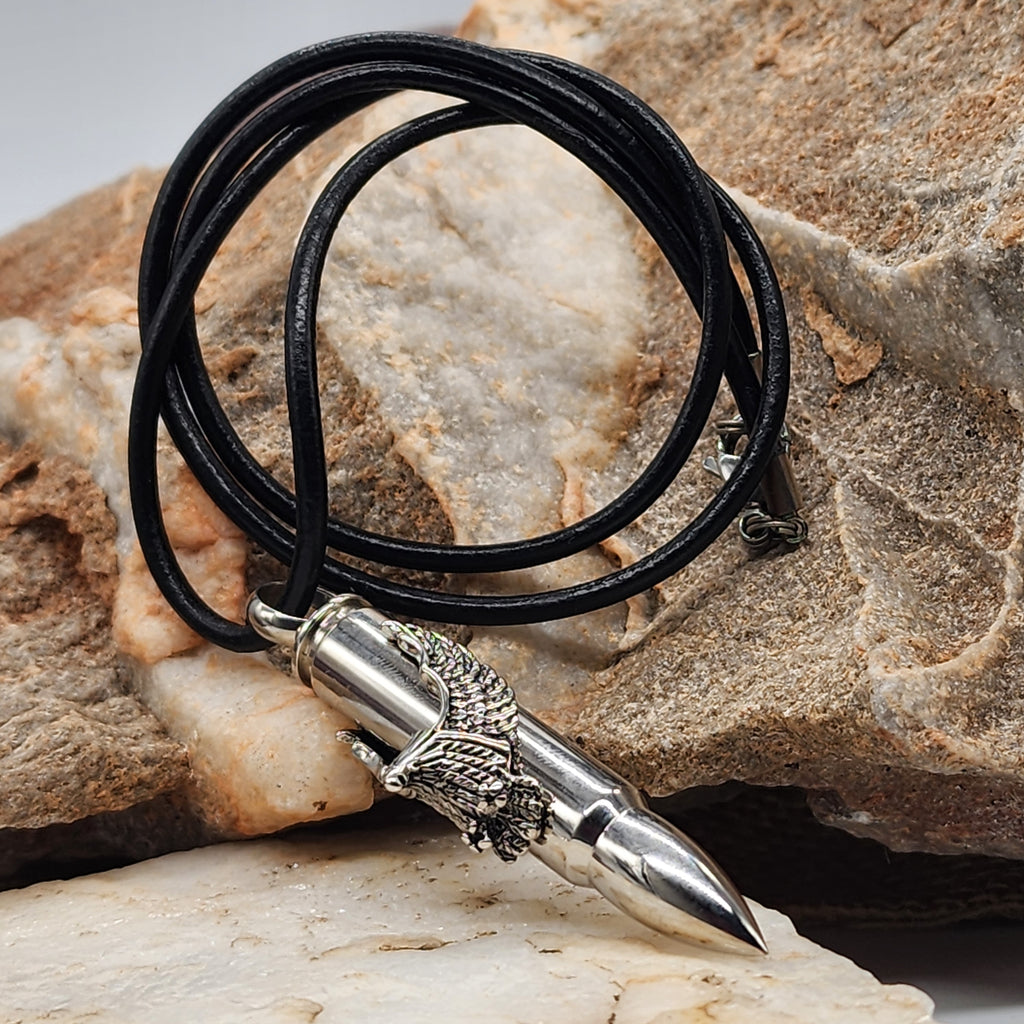 Admiral / Mens Necklace Genuine Italian Leather Surgical steel Eagle Bullet pendant
