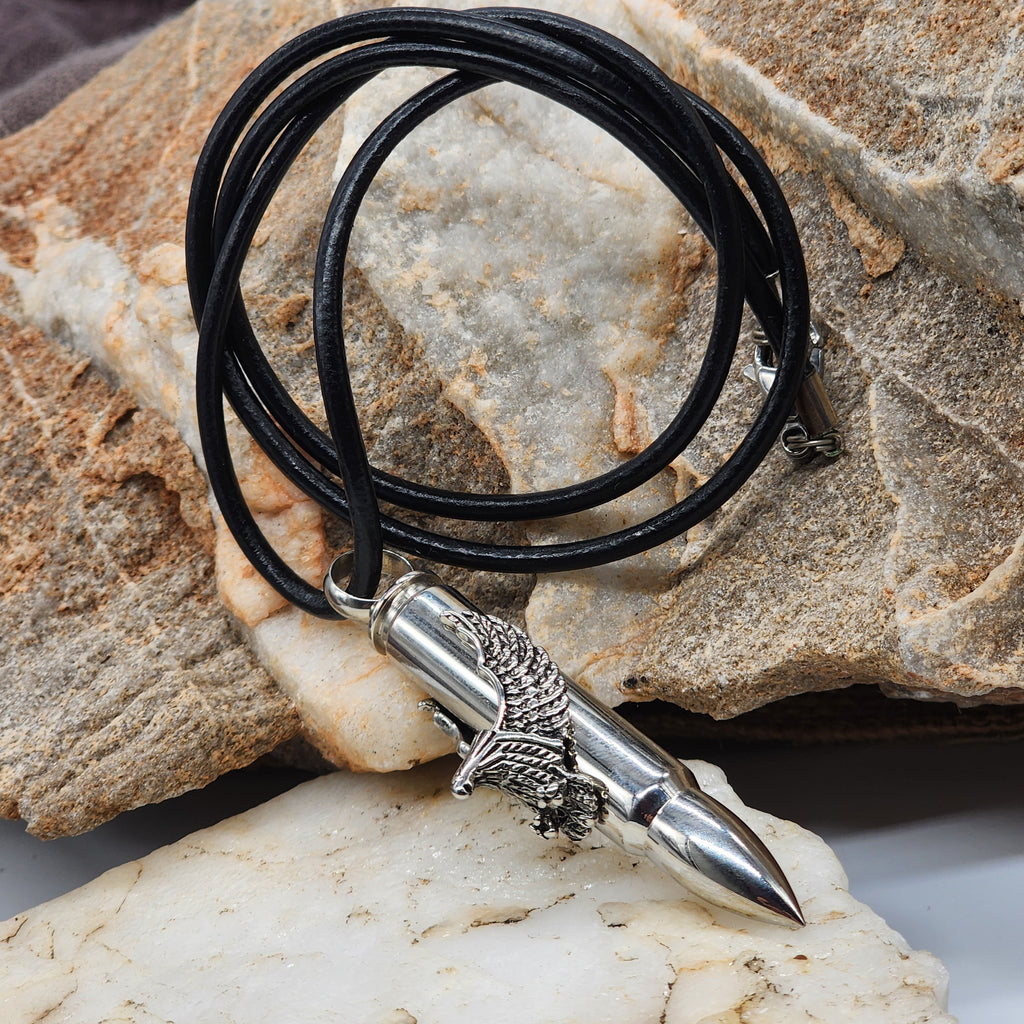 Admiral / Mens Necklace Genuine Italian Leather Surgical steel Eagle Bullet pendant